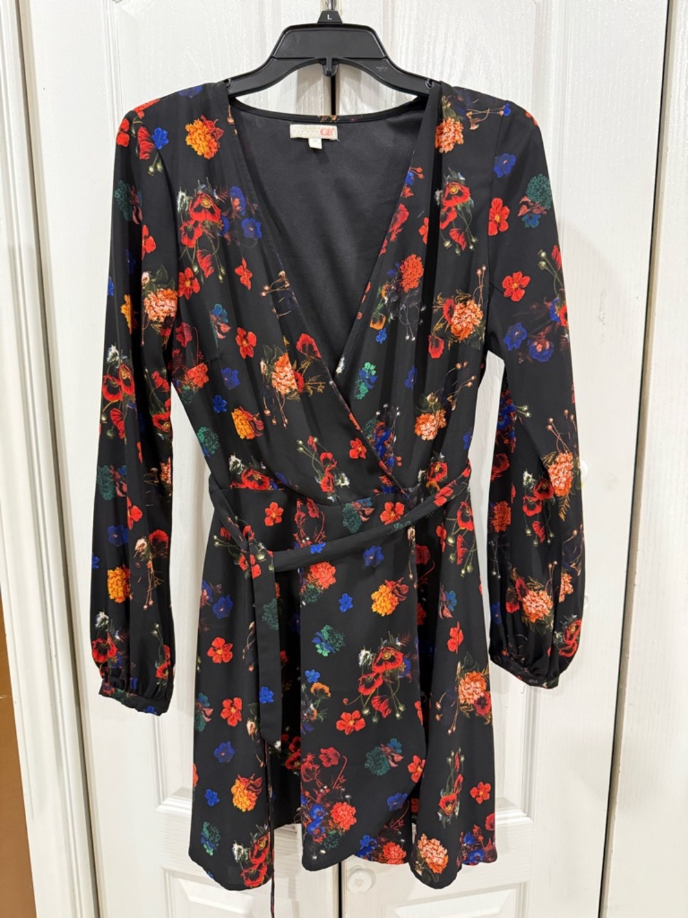 Gianni Bini Black Floral Wrap Dress with Red, Blue & Orange Flowers
